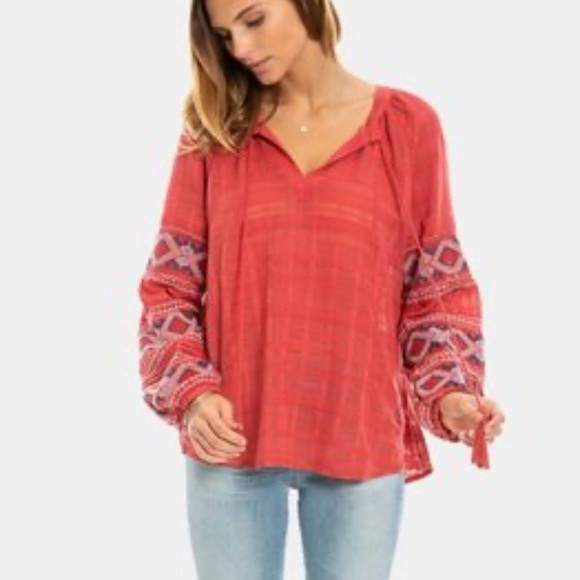 DYLAN Tala Nomad Tunic Blouse Woven Textured Floral Embroidered Sleeves Red M - Picture 1 of 9